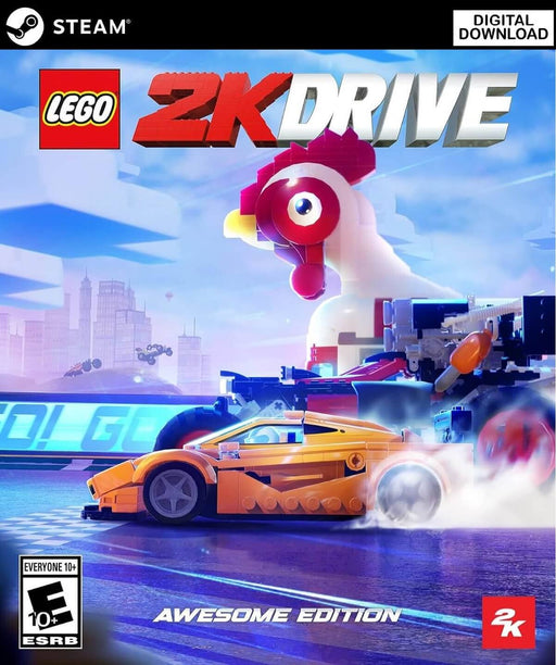 Cover art of LEGO 2K Drive: Awesome Edition for PC Steam, showcasing an orange LEGO sports car racing past a giant LEGO chicken in a futuristic city – get your Steam CD key now at RushGame.co
