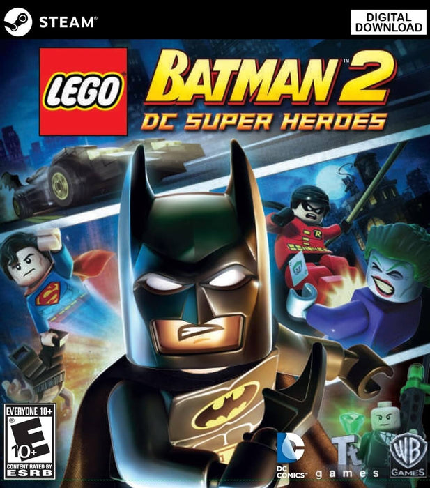 Cover art of LEGO Batman 2: DC Super Heroes for PC Steam, featuring LEGO versions of Batman, Superman, Robin, and the Joker in an action-packed scene – get your official Steam CD key now at RushGame.co