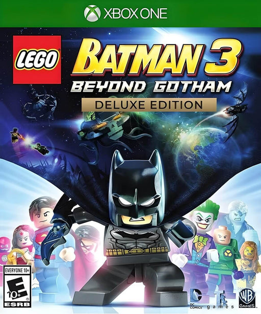 Cover art of LEGO Batman 3: Beyond Gotham Deluxe Edition for Xbox One, showcasing LEGO Batman leading a team of DC superheroes and villains in an intergalactic battle – get your official Xbox One CD key (US) now at RushGame.co