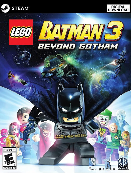 Cover art of LEGO Batman 3: Beyond Gotham for PC Steam, featuring LEGO Batman and other DC heroes in a space-themed adventure – buy your official Steam CD key now at RushGame.co