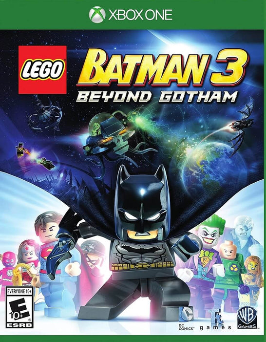 Cover art of LEGO Batman 3: Beyond Gotham for Xbox One, featuring LEGO Batman and iconic DC superheroes and villains in a galactic setting – get your official Xbox One CD key (US) now at RushGame.co