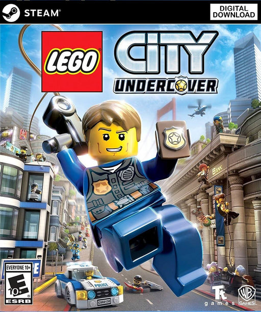 Cover art of LEGO City Undercover for PC Steam, showing Chase McCain in action as a LEGO cop swinging across a city full of criminals – get your official Steam CD key now at RushGame.co