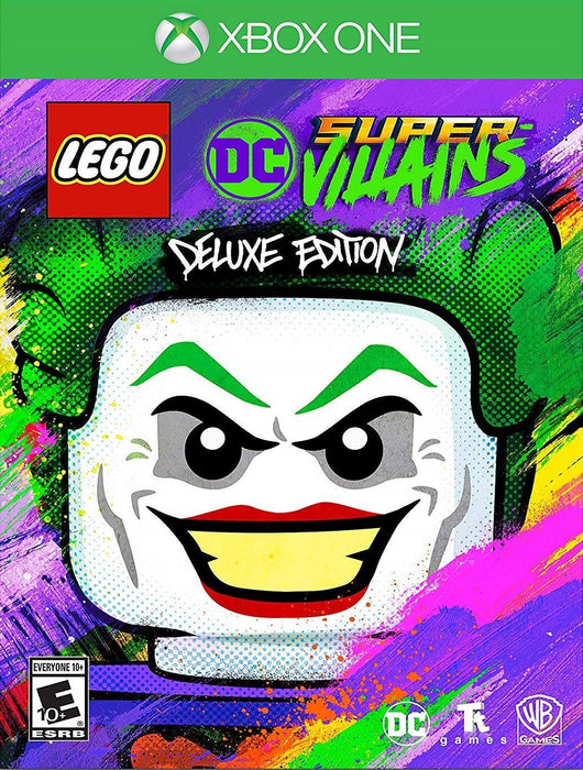 Cover art of LEGO DC Super-Villains Deluxe Edition for Xbox One, featuring a bold LEGO Joker face with vibrant graffiti-style background – get your official Xbox One CD key (US) now at RushGame.co