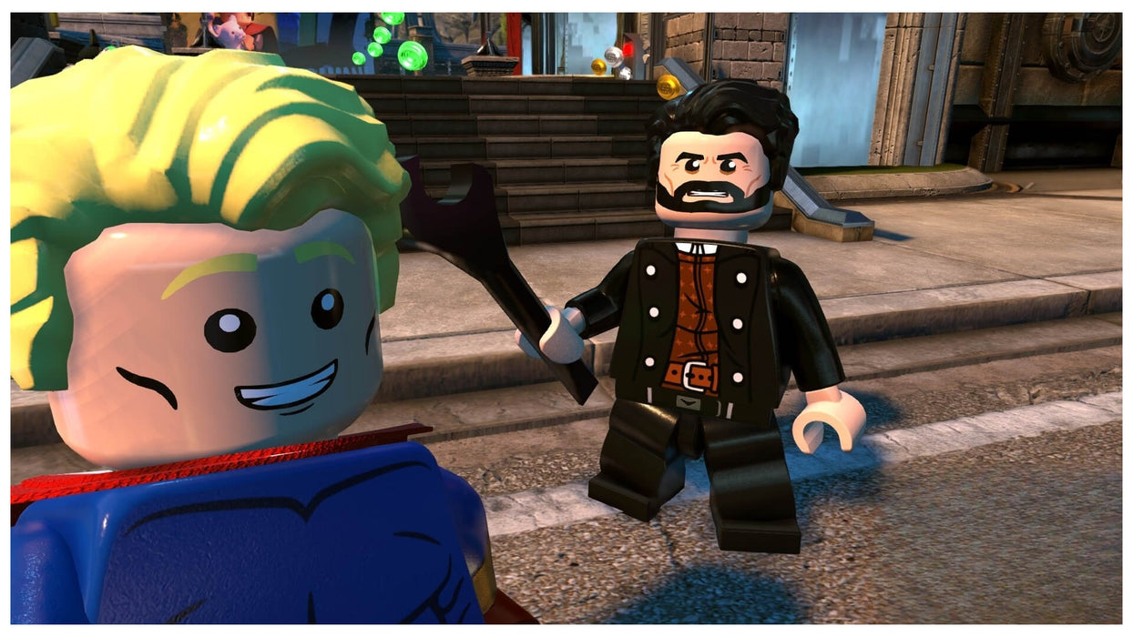 In-game screenshot from LEGO DC Super-Villains on Xbox One showing detailed character interaction between classic DC characters. Get your Xbox One game key fast and secure at RushGame.co