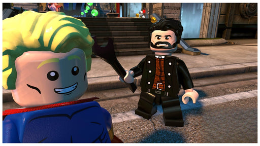 In-game screenshot from LEGO DC Super-Villains on Xbox One showing detailed character interaction between classic DC characters. Get your Xbox One game key fast and secure at RushGame.co