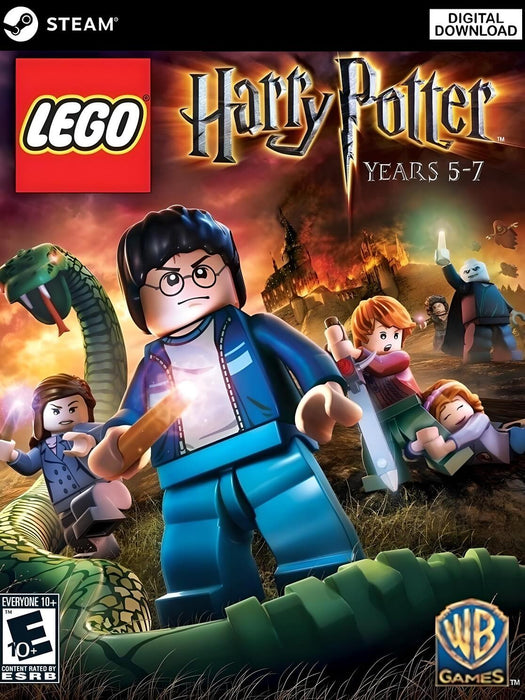 LEGO Harry Potter: Years 5-7 cover art for PC Steam, featuring Harry, Ron, Hermione, and Voldemort in intense magical battle scenes. Get your Steam CD Key now at RushGame.co and relive the epic wizarding adventures digitally
