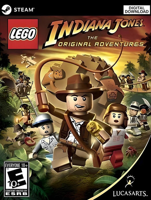 LEGO Indiana Jones: The Original Adventures cover art for PC Steam, showcasing iconic scenes with Indy and fellow explorers running from danger. Purchase your Steam CD Key today at RushGame.co and dive into the legendary LEGO-style action adventure