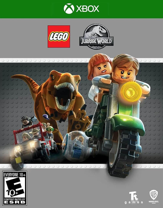 Cover image of LEGO Jurassic World for Xbox One, showing LEGO characters racing through danger on a motorcycle and jeep with a roaring T-Rex in pursuit. Get your Xbox One CD Key from RushGame.co and dive into the ultimate LEGO dinosaur adventure
