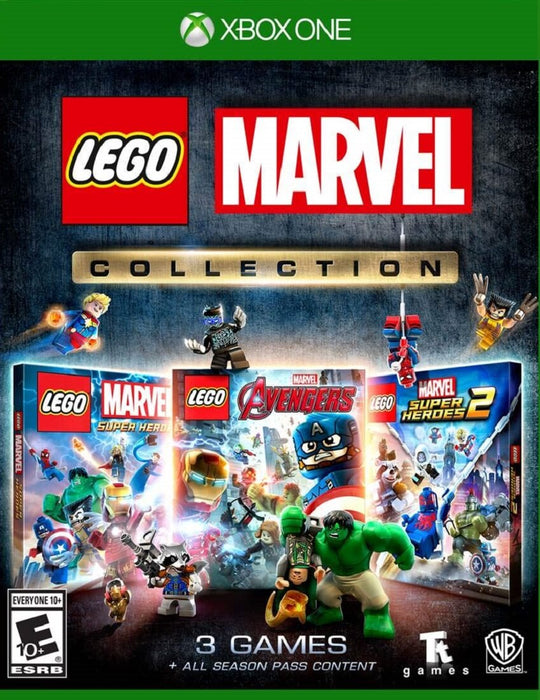 Cover image of LEGO Marvel Collection for Xbox One, featuring box art for LEGO Marvel Super Heroes, LEGO Marvel's Avengers, and LEGO Marvel Super Heroes 2. Join iconic heroes like Iron Man, Captain America, and the Hulk—buy your Xbox One CD Key now at RushGame.co for action-packed LEGO Marvel adventures