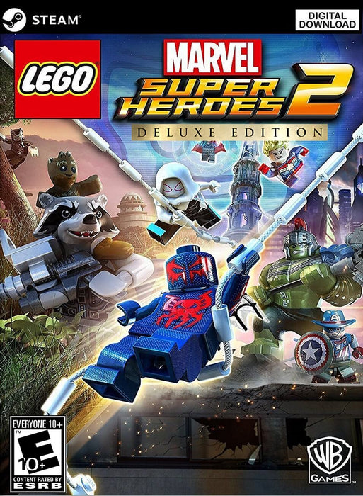 Cover image of LEGO Marvel Super Heroes 2 Deluxe Edition for PC Steam, showcasing iconic characters like Spider-Man 2099, Rocket Raccoon, Hulk, and Captain Marvel. Dive into an epic Marvel multiverse adventure—get your Steam CD Key today at RushGame.co and experience the action-packed fun in LEGO style