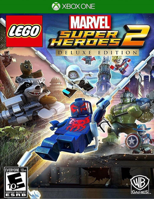 Cover art of LEGO Marvel Super Heroes 2 Deluxe Edition for Xbox One, featuring Spider-Man 2099, Rocket Raccoon, Groot, Hulk, and other iconic Marvel characters in LEGO form. Join an interdimensional adventure across the Marvel universe—get your Xbox CD Key now at RushGame.co and start playing instantly