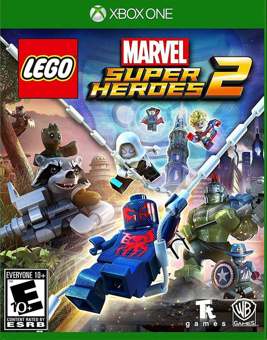 Cover image of LEGO Marvel Super Heroes 2 for Xbox One, showcasing iconic Marvel characters like Spider-Man 2099, Rocket Raccoon, Hulk, and others in LEGO form. Dive into an epic multiverse adventure—buy your Xbox CD Key now at RushGame.co for instant digital delivery