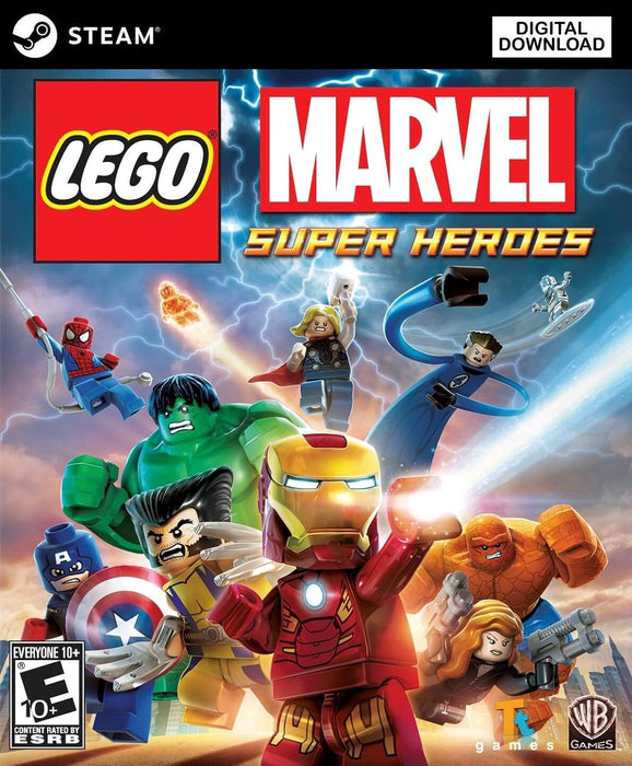 Cover image of LEGO Marvel Super Heroes for PC Steam, featuring iconic Marvel characters like Iron Man, Hulk, Spider-Man, and Wolverine in vibrant LEGO style. Join the action-packed adventure and get your Steam CD Key instantly at RushGame.co