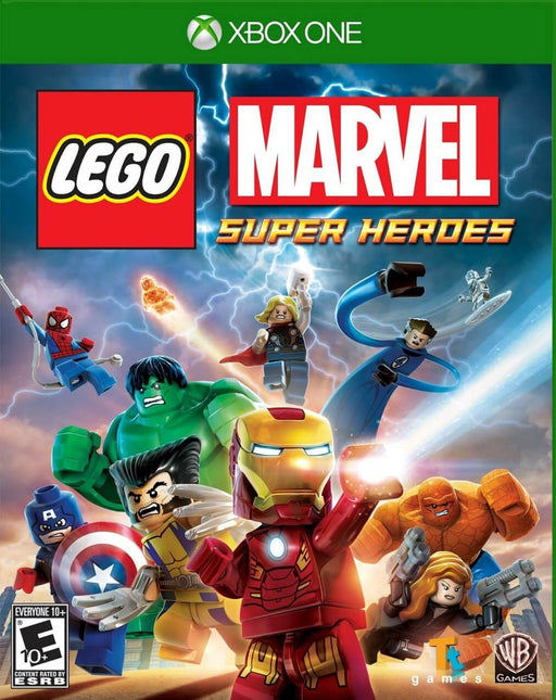 Cover image of LEGO Marvel Super Heroes for Xbox One, showcasing LEGO versions of Iron Man, Hulk, Thor, Spider-Man, and other iconic Marvel characters in a lightning-filled action scene. Buy your Xbox CD Key today at RushGame.co and join the heroic adventure