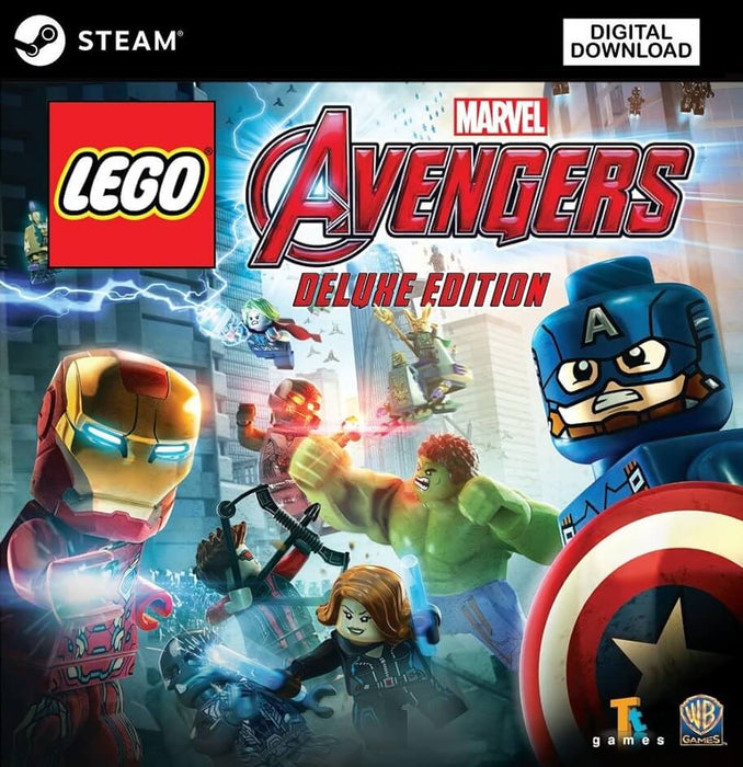 Cover image of LEGO Marvel's Avengers Deluxe Edition for PC Steam, featuring iconic LEGO versions of Iron Man, Captain America, Hulk, and other Marvel heroes in action. Buy the Steam CD Key instantly at RushGame.co and join the adventure with fast digital delivery