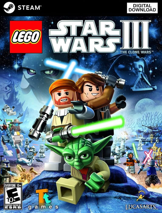 Cover art for LEGO Star Wars III: The Clone Wars on PC Steam, featuring LEGO versions of Yoda, Obi-Wan Kenobi, and Anakin Skywalker with lightsabers in a galactic battle. Get your Steam CD Key now at RushGame.co and join the interstellar adventure with instant digital delivery