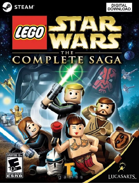 Cover art for LEGO Star Wars: The Complete Saga on PC Steam, showing LEGO characters like Luke Skywalker, Leia, Obi-Wan, and Darth Vader in a galactic LEGO adventure. Purchase the Steam CD Key at RushGame.co and experience all six Star Wars episodes in one epic journey with instant digital delivery