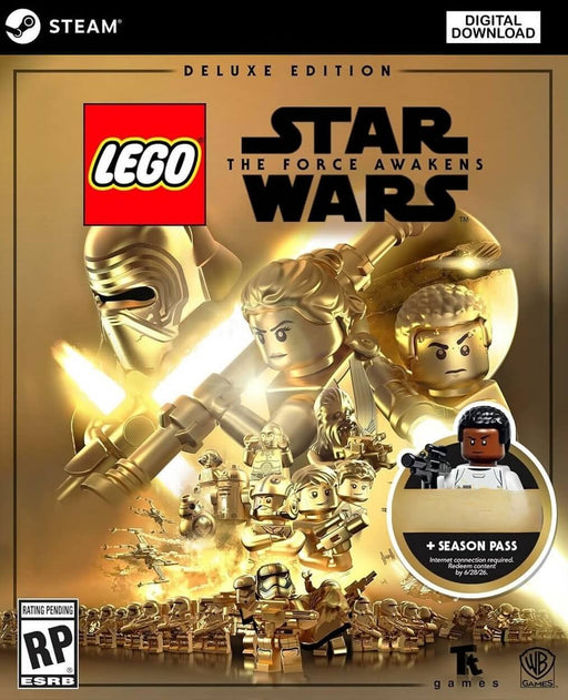 Golden-themed cover art for LEGO Star Wars: The Force Awakens Deluxe Edition on PC Steam, featuring LEGO characters from the sequel trilogy including Rey, Kylo Ren, and Finn. Get your Steam CD Key with Season Pass at RushGame.co and relive the epic Star Wars adventure in LEGO style with instant digital delivery