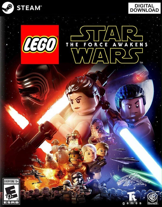 Cover art for LEGO Star Wars: The Force Awakens on PC Steam, featuring LEGO versions of Rey, Kylo Ren, Finn, and other characters from the sequel trilogy in an action-packed galactic scene. Buy your Steam CD Key now at RushGame.co and experience the Star Wars universe in LEGO form with instant digital delivery