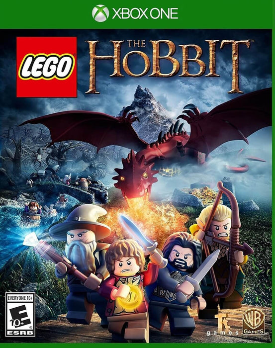 Cover art for LEGO The Hobbit on Xbox One, showing LEGO versions of Bilbo Baggins, Gandalf, Thorin, and Legolas facing the fiery dragon Smaug. Get your Xbox One CD Key US now at RushGame.co and embark on an epic Middle-earth adventure with instant digital delivery