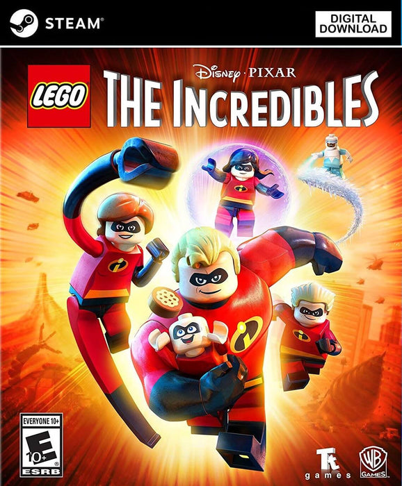 Cover art for LEGO The Incredibles on PC Steam, featuring the Parr family—Mr. Incredible, Elastigirl, Violet, Dash, and baby Jack-Jack—in dynamic superhero poses. Buy the Steam CD Key now at RushGame.co and join the action-packed LEGO adventure with instant digital delivery