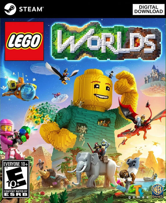Cover image for LEGO Worlds on PC Steam, showcasing a vibrant, open-world LEGO universe with characters riding dragons, elephants, and flying spaceships around a giant LEGO figure. Purchase your Steam CD Key now at RushGame.co and start building your own worlds with instant digital delivery