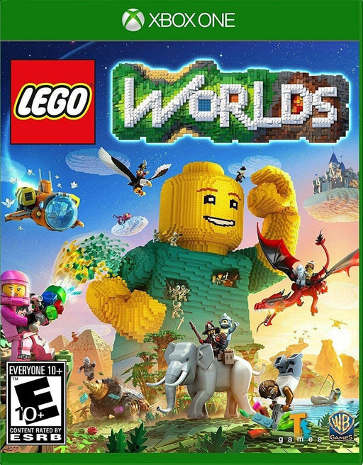 Cover art for LEGO Worlds on Xbox One, featuring a colorful LEGO universe filled with dragons, elephants, space explorers, and a giant LEGO figure towering over the landscape. Buy the Xbox One CD Key US now at RushGame.co and start building your own worlds with instant digital delivery