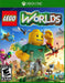 Cover art for LEGO Worlds on Xbox One, featuring a colorful LEGO universe filled with dragons, elephants, space explorers, and a giant LEGO figure towering over the landscape. Buy the Xbox One CD Key US now at RushGame.co and start building your own worlds with instant digital delivery