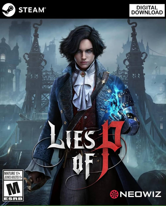Cover art for Lies of P on PC Steam, featuring the main character with a gothic outfit and a glowing mechanical arm, set against a dark, steampunk-inspired cityscape. Buy the Steam CD Key now at RushGame.co and dive into a haunting souls-like action RPG with instant digital delivery