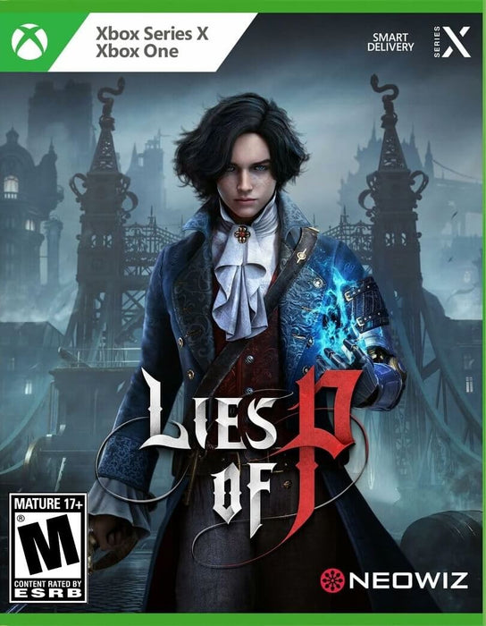 Cover image for Lies of P on Xbox One, Xbox Series X/S, and Windows 10, featuring the main character in a dark Victorian setting with a mechanical arm glowing blue. Get your CD Key now at RushGame.co and immerse yourself in a haunting souls-like action RPG with smart delivery and instant digital access
