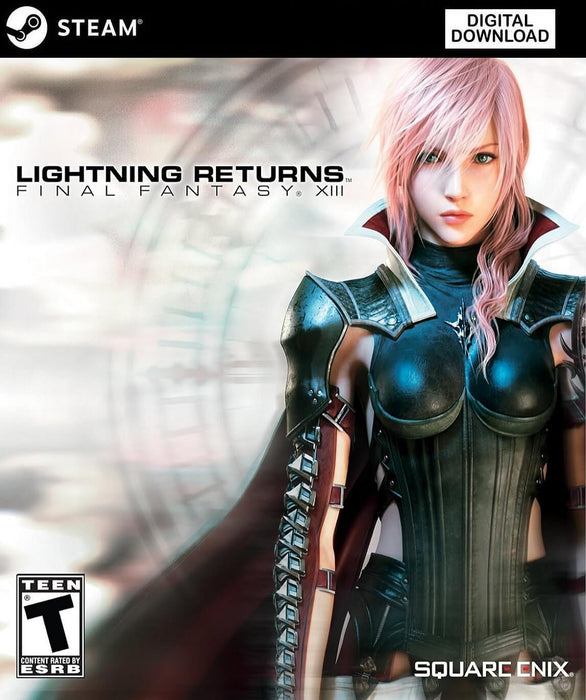 Cover art for Lightning Returns: Final Fantasy XIII on PC Steam, showcasing the protagonist Lightning in her iconic armor against a blurred, time-themed background. Purchase the Steam CD Key now at RushGame.co and experience the epic conclusion of the Final Fantasy XIII trilogy with instant digital delivery