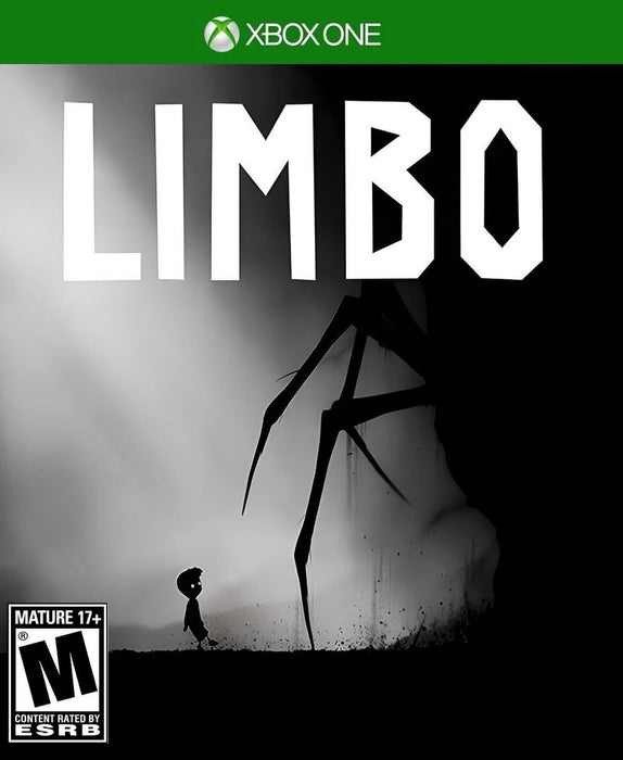 Cover art for Limbo on Xbox One, depicting a shadowy young boy confronting a towering spider leg in a minimalist black-and-white world. Purchase the Xbox One CD Key US now at RushGame.co and experience this eerie puzzle-platformer with instant digital delivery