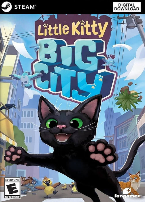 Cover art for Little Kitty, Big City on PC Steam, featuring an adorable black kitten with big green eyes playfully leaping through a lively urban setting filled with birds and other animals. Buy your Steam CD Key now at RushGame.co and join this heartwarming adventure with instant digital delivery