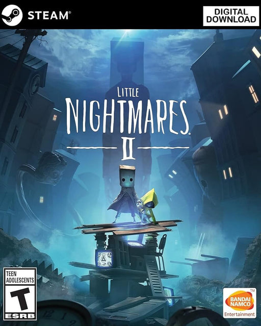 Cover art for Little Nightmares II on PC Steam, featuring Mono and Six standing on a pile of debris in a dark, distorted cityscape with a mysterious tall figure looming in the background. Get your Steam CD Key now at RushGame.co and dive into this eerie and suspenseful puzzle-horror adventure with instant digital delivery
