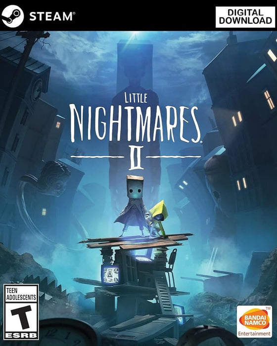 Cover art for Little Nightmares II on PC Steam, featuring Mono and Six standing on a pile of debris in a dark, distorted cityscape with a mysterious tall figure looming in the background. Get your Steam CD Key now at RushGame.co and dive into this eerie and suspenseful puzzle-horror adventure with instant digital delivery