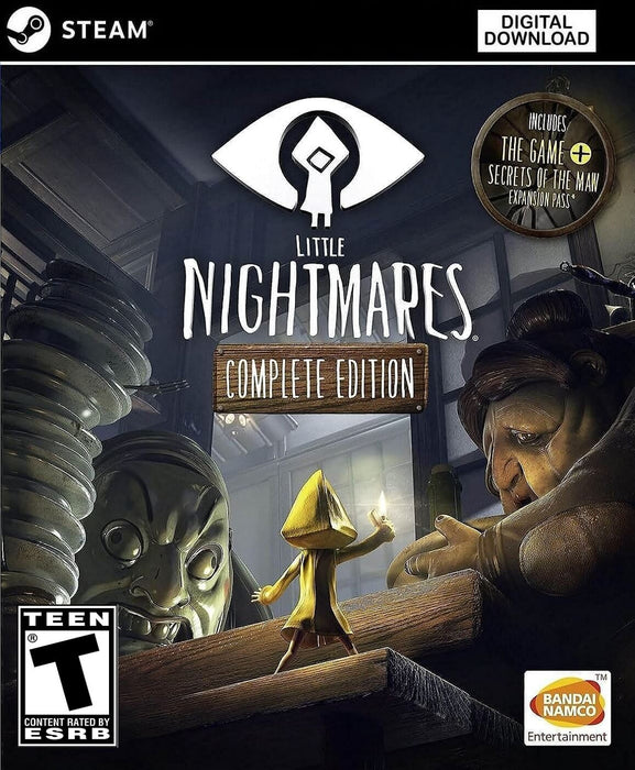Cover art for Little Nightmares: Complete Edition on PC Steam, featuring the iconic character Six in a yellow raincoat holding a lighter, surrounded by eerie, monstrous figures in a dark and twisted environment. Purchase the Steam CD Key now at RushGame.co and dive into this chilling puzzle-platformer with all expansions included and instant digital delivery