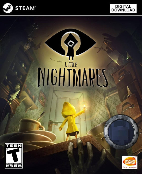 Cover art for Little Nightmares on PC Steam, showing the character Six in a yellow raincoat holding a lighter and reaching toward a mysterious door in a dark, oversized kitchen. Buy the Steam CD Key now at RushGame.co and step into a creepy, atmospheric puzzle-platformer filled with suspense and twisted environments