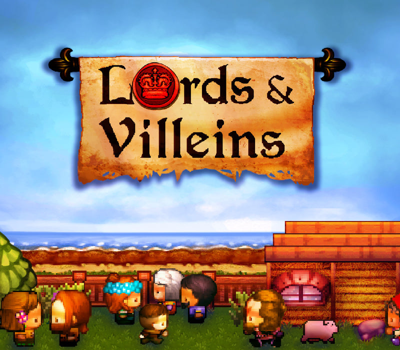 Cover image of Lords and Villeins on PC Steam, featuring pixel-art villagers and nobles interacting in a colorful medieval landscape. A parchment banner with the game's title hangs above the scene. Buy your Steam CD Key now at RushGame.co and manage your medieval dynasty in this charming city-building simulation game