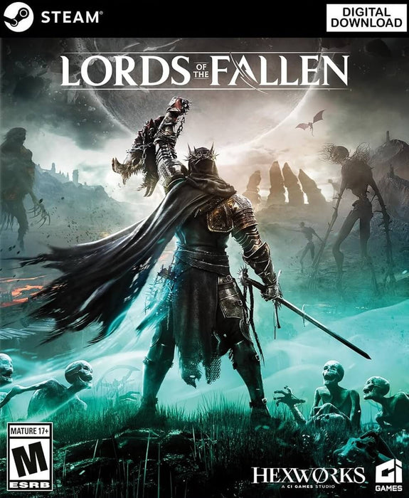  Cover image of Lords of the Fallen (2023) for PC Steam, featuring a dark-armored warrior holding a severed head aloft, surrounded by skeletal creatures and shadowy figures in a grim fantasy landscape. A massive moon looms in the sky as eerie green mist covers the ground. Get your Steam Key now at RushGame.co and dive into this brutal action RPG with stunning visuals and intense combat