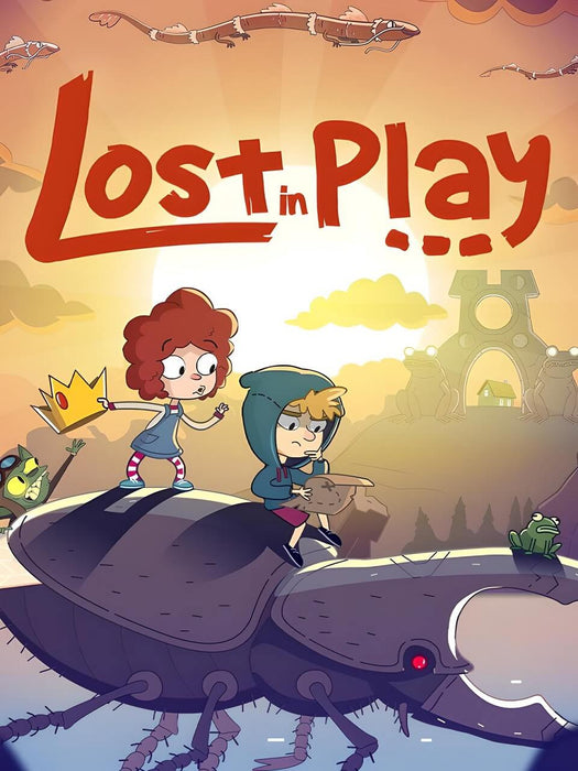 Cover image of Lost in Play for PC Steam, showing two animated children riding a giant beetle through a whimsical fantasy world. The girl wields a paper crown while the boy clutches a map, with mysterious creatures and ruins in the background. Experience this charming puzzle adventure by grabbing your Steam CD Key today at RushGame.co
