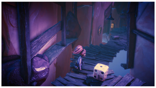 In-game screenshot from Lost in Random showing Even and Dicey navigating a rickety wooden bridge suspended in a strange twilight world. Explore this magical realm by getting your Steam key now at RushGame.co