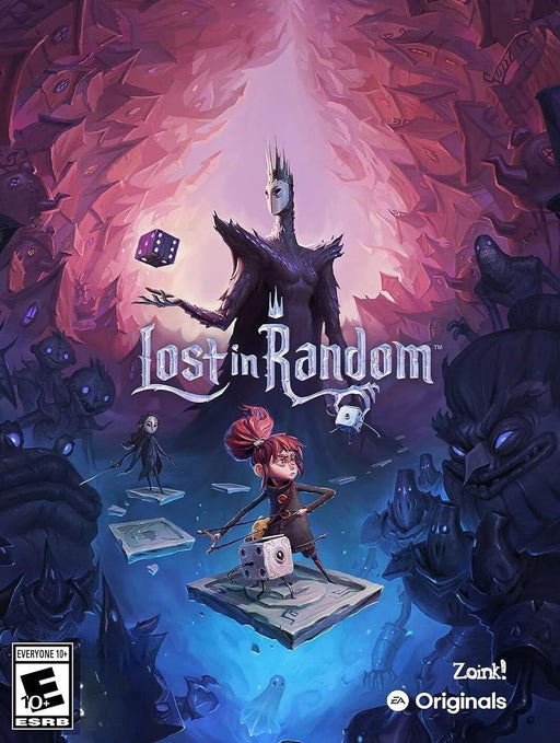 cover art for Lost in Random PC EA Play, featuring the protagonist Even and her living dice companion Dicey amidst a surreal, mysterious fantasy world. Purchase the CD key at RushGame.co and experience this whimsical dark adventure today