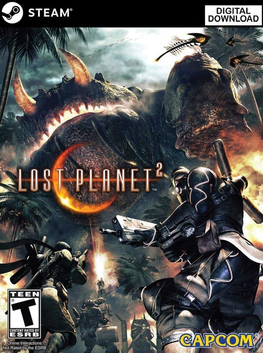Cover art for Lost Planet 2 PC Steam digital version, showcasing heavily armed soldiers engaging in a battle against a colossal alien creature in a tropical warzone. Buy the CD key now at RushGame.co and experience explosive co-op action and epic boss battles on Steam