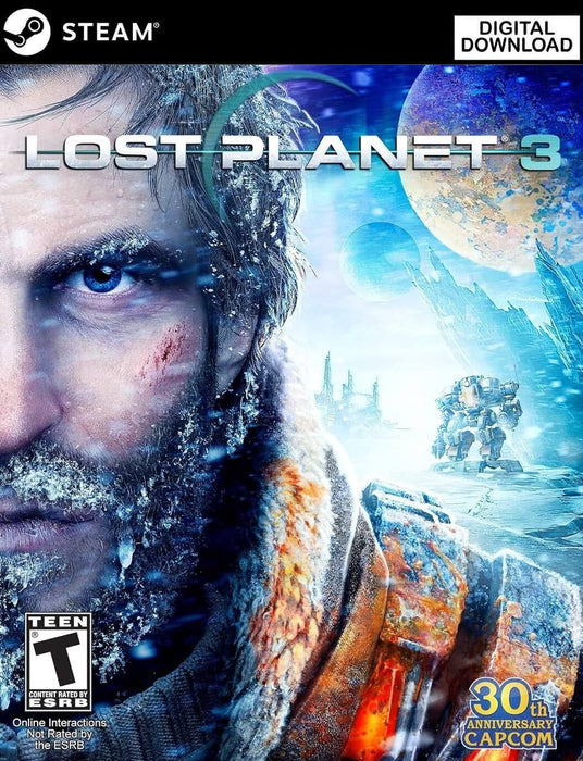 Cover image for Lost Planet 3 Complete Pack PC Steam digital version, featuring a frost-covered protagonist in an icy alien environment with towering mech suits in the background. Buy the Steam CD key now at RushGame.co and dive into a chilling sci-fi adventure with intense combat and gripping storytelling