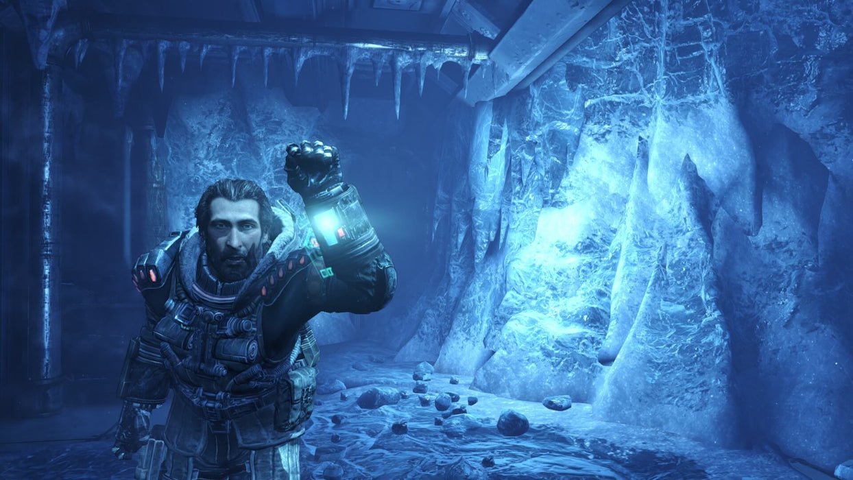 Lost Planet 3 Complete Pack PC steam code screenshot showcasing the protagonist exploring a blue-lit icy cave