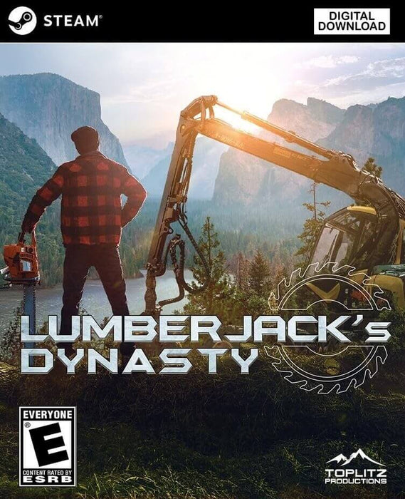 Cover image for Lumberjack's Dynasty PC Steam CD Key, showcasing a lumberjack holding a chainsaw and overlooking a scenic forest valley with logging machinery. Purchase the digital game key now at RushGame.co and experience life in the woods as you build your forestry empire