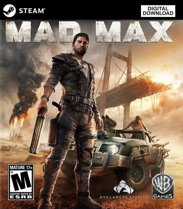 Cover art for Mad Max PC Steam CD Key, featuring the rugged protagonist standing with a weapon in front of a battle-scarred vehicle and a post-apocalyptic landscape with a broken bridge and smoke-filled sky. Purchase the Mad Max Steam key now at RushGame.co and unleash chaos in the Wasteland with explosive vehicular combat and survival action