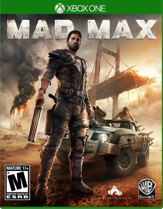 Cover art for Mad Max Xbox One CD Key US, showcasing the fierce protagonist standing beside a rugged battle car in a desolate wasteland with a collapsed bridge and fiery explosions in the background. Get your Xbox One Mad Max game key now at RushGame.co and dive into high-octane action in a lawless post-apocalyptic world