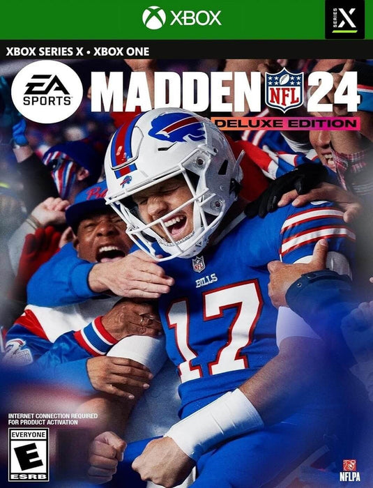 Cover image for Madden NFL 24 Deluxe Edition on Default Title and Default Title, featuring star quarterback Josh Allen of the Buffalo Bills celebrating with fans. Get your Madden NFL 24 Xbox digital key now at RushGame.co and experience intense football action with enhanced visuals and gameplay