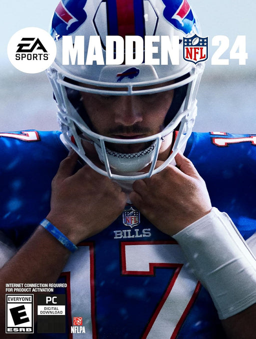 Official cover for Madden NFL 24 PC Digital Download via EA Play, showcasing Buffalo Bills quarterback Josh Allen adjusting his helmet. Buy your Madden NFL 24 PC CD Key now at RushGame.co and step into the most immersive football simulation yet